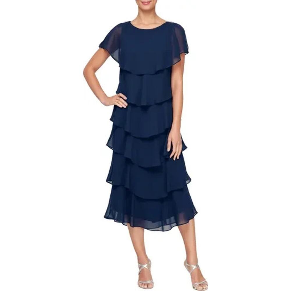 SLNY Formal Georgette Ruffle Tiered Sleeveless Dress Navy Blue Size 6